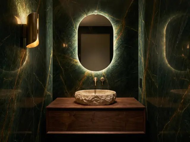 Design concept: a green marble powder room with a stone vessel sink