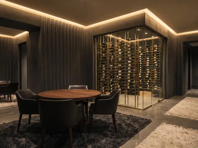 Design concept: a basement wine room with a glass wine wall